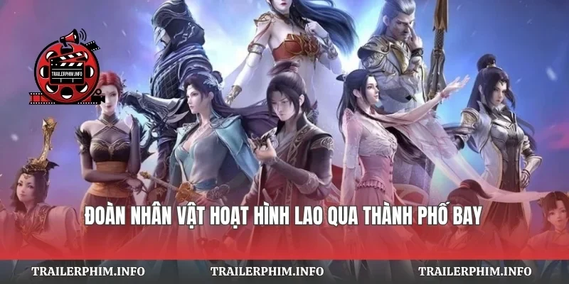 Đoàn nhân vật hoạt hình lao qua thành phố bay
