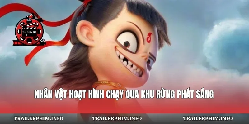 Nhân vật hoạt hình chạy qua khu rừng phát sáng
